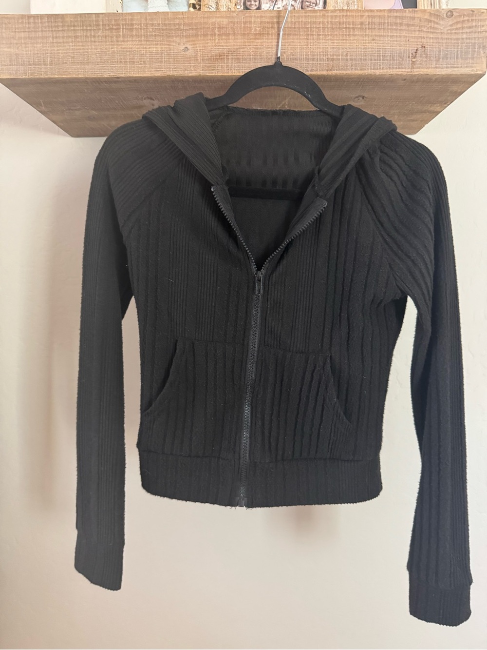 Black Zip-Up Hooded Knit Jacket